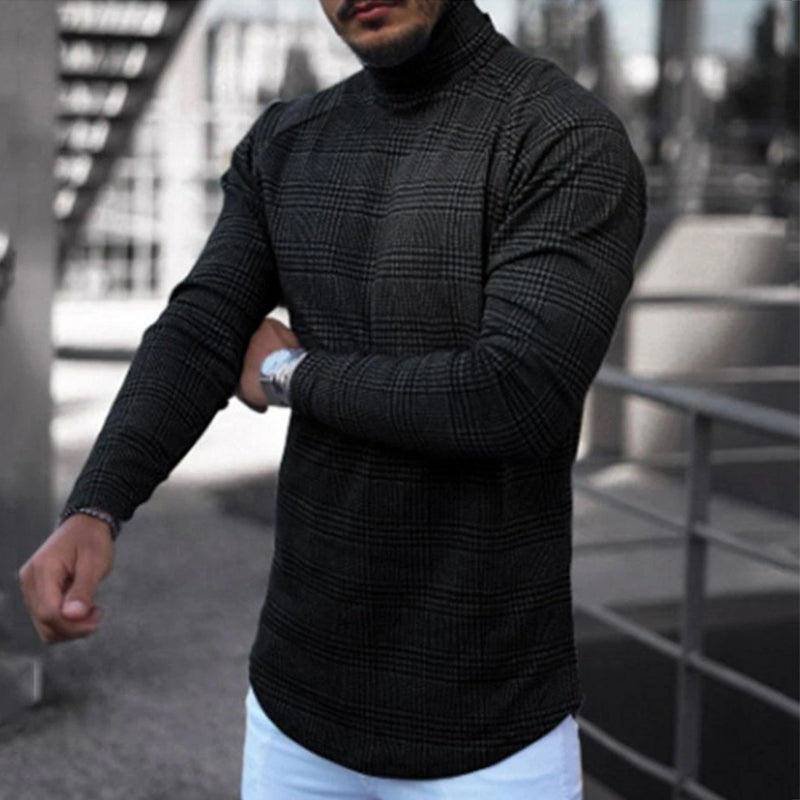 Men's Slim Pullover High Neck Striped Base Shirt