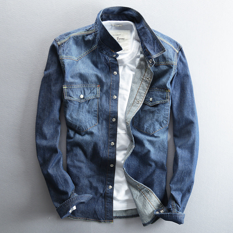 Washed Distressed Denim Shirt With Lapel Collar