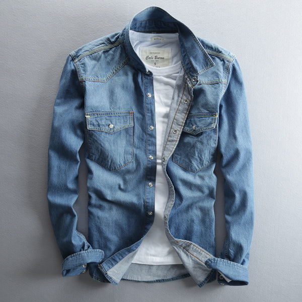 Washed Distressed Denim Shirt With Lapel Collar