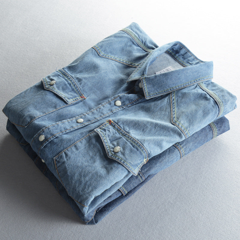 Washed Distressed Denim Shirt With Lapel Collar