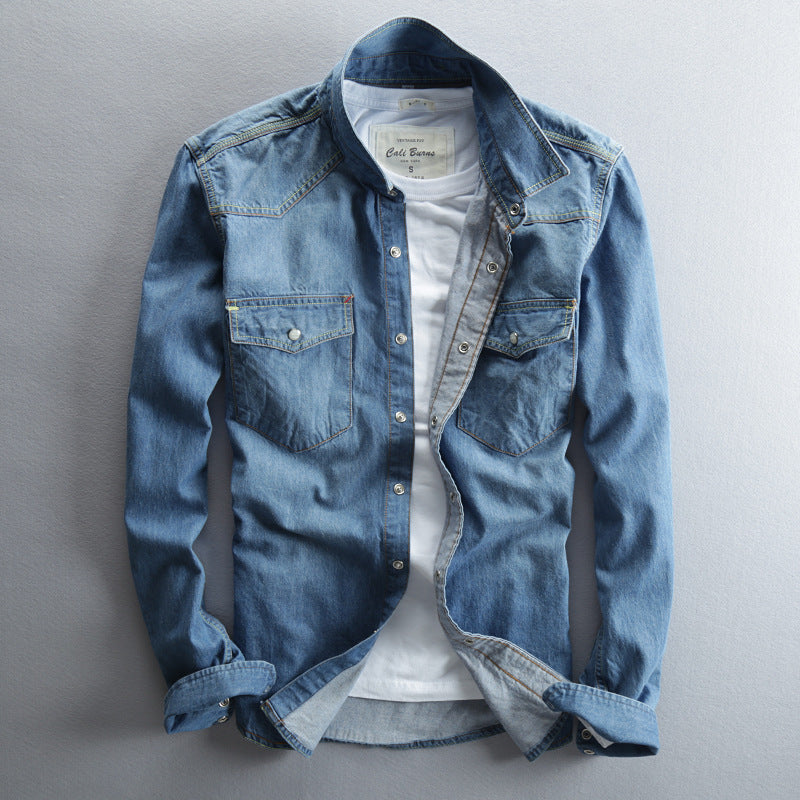 Washed Distressed Denim Shirt With Lapel Collar