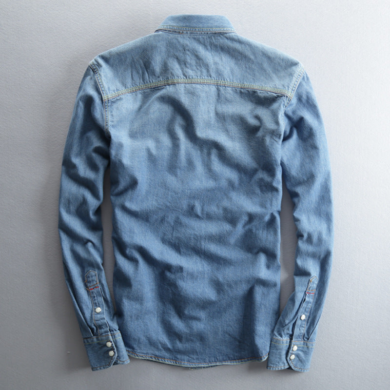 Washed Distressed Denim Shirt With Lapel Collar