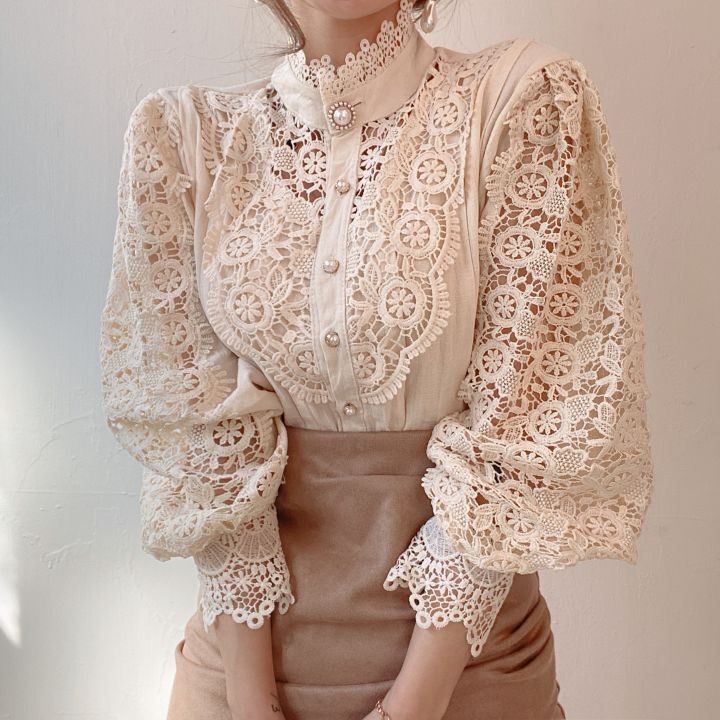 Flower Stitching Stand Collar Shirt