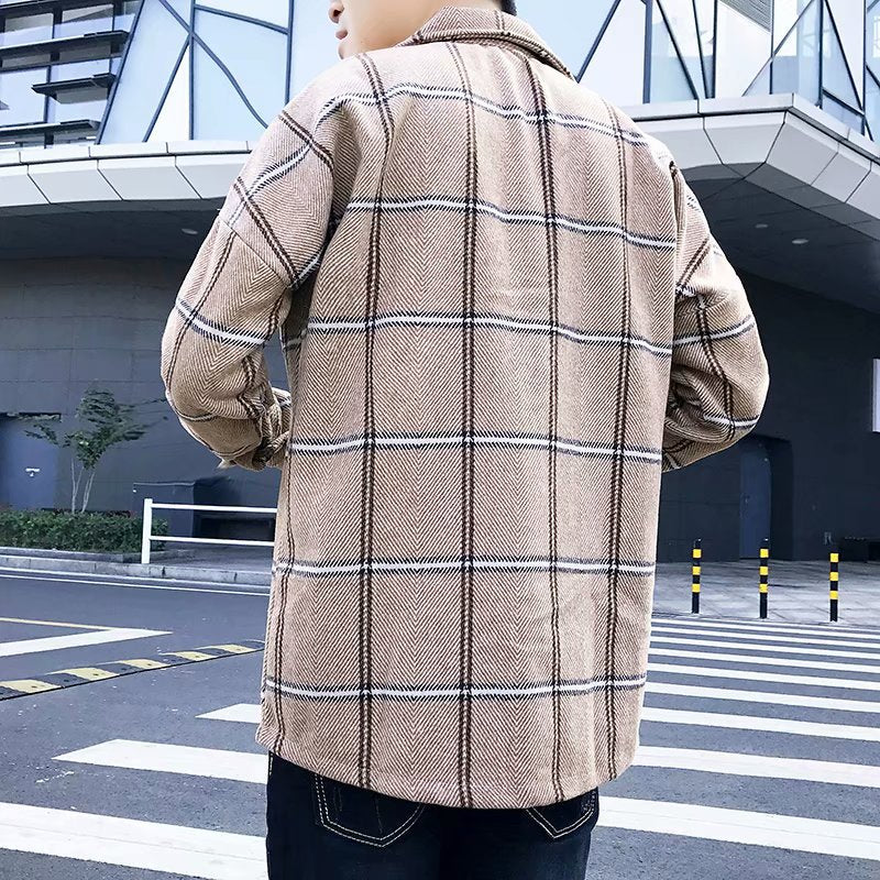 Fashion All-Match Retro Male Woolen Plaid shirt jacket