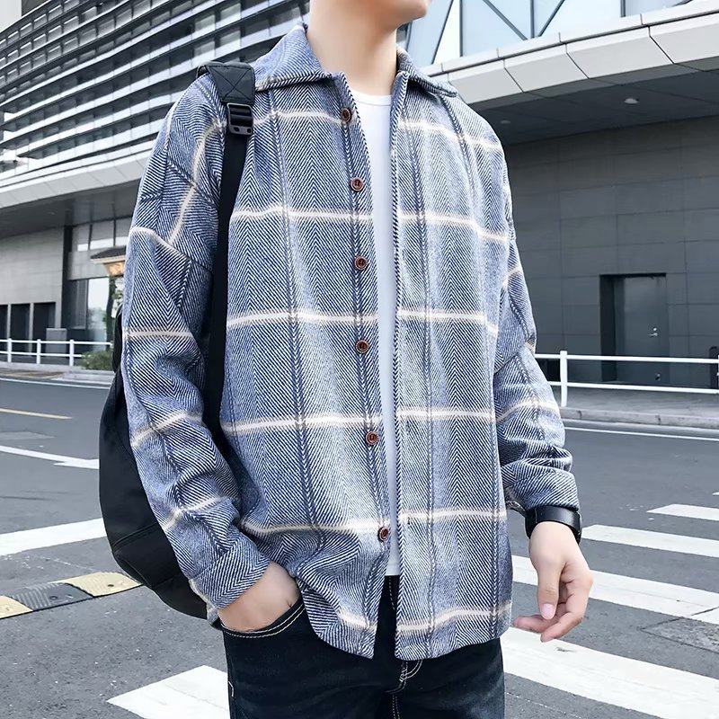 Fashion All-Match Retro Male Woolen Plaid shirt jacket