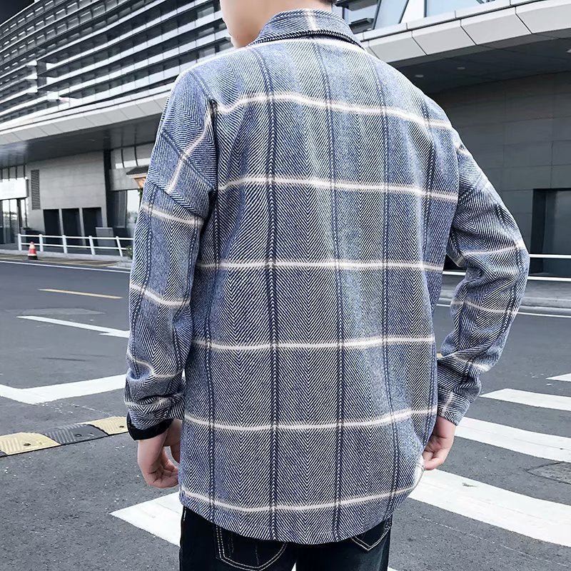 Fashion All-Match Retro Male Woolen Plaid shirt jacket