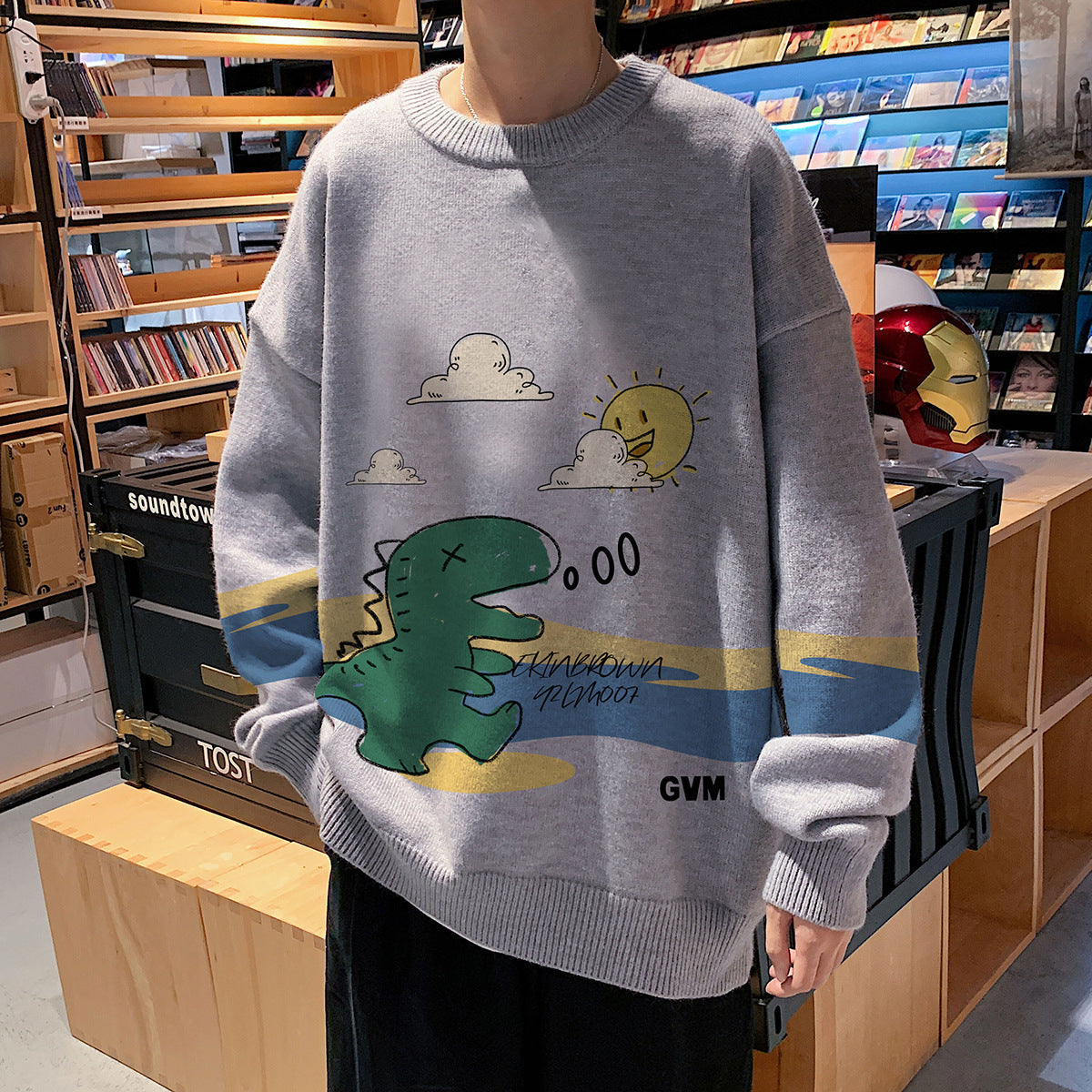 Maglione girocollo con stampa dinosauro da uomo