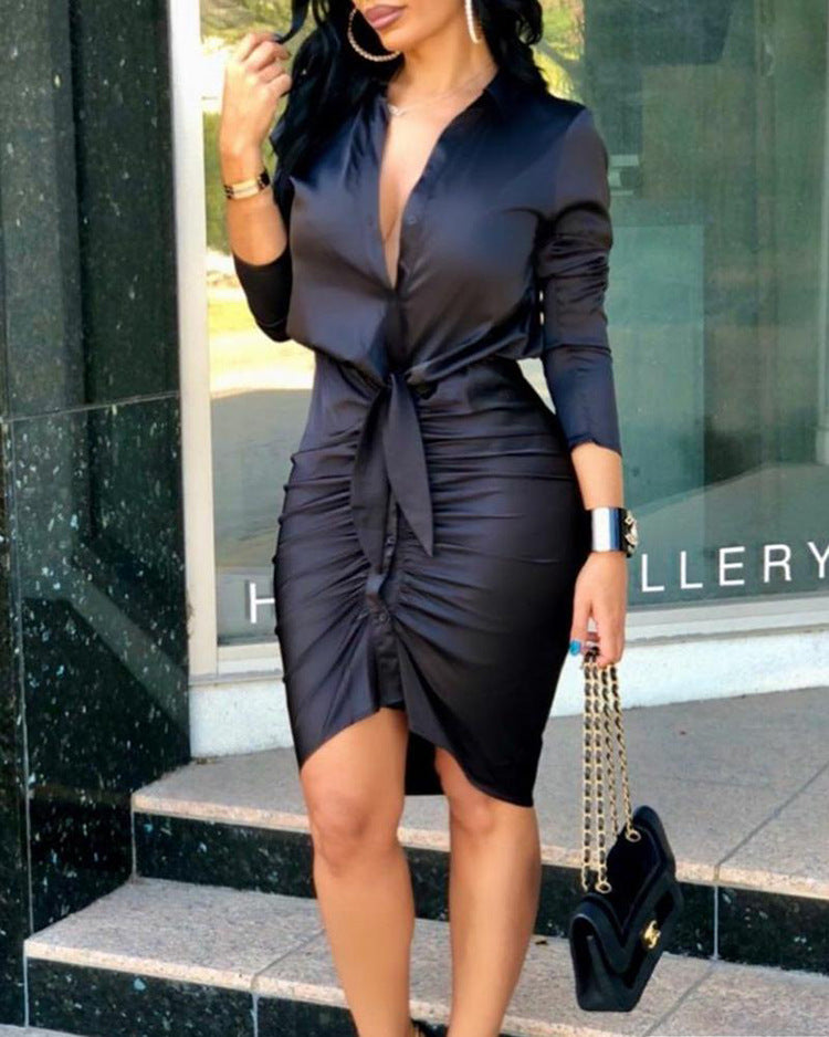 Women Lace-up Solid Color Long Sleeve Elegant Party Dress