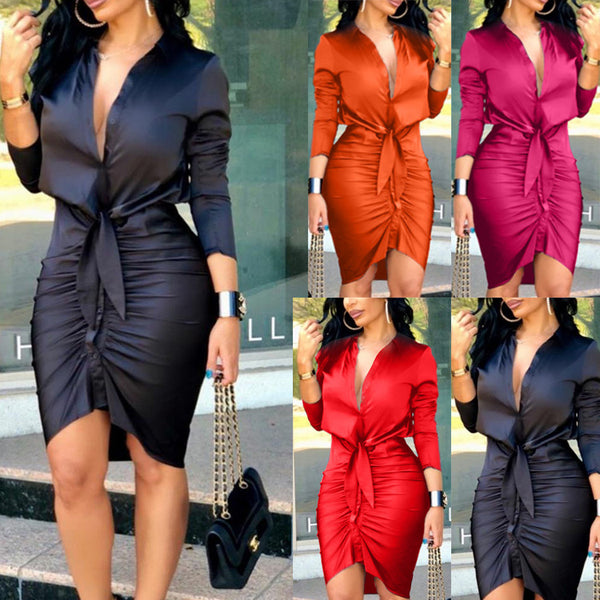 Women Lace-up Solid Color Long Sleeve Elegant Party Dress