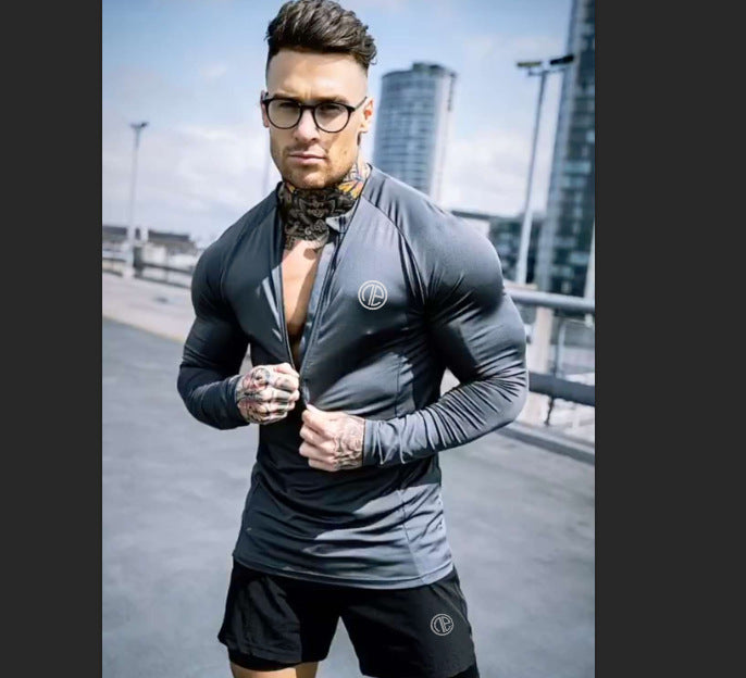 Zipper Neck Long Sleeve GYM Sport Tshirt