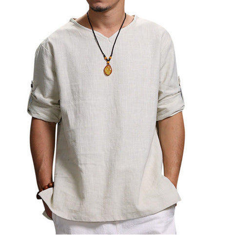 Cotton And Linen Men's Shirt With Pullover