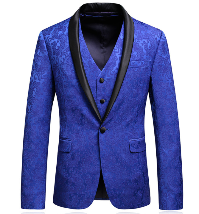 High-end Suit Jacquard Navy Blue Men's Suit Three-piece Banquet Groom Suit