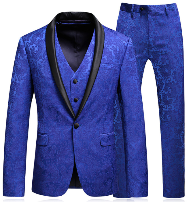 High-end Suit Jacquard Navy Blue Men's Suit Three-piece Banquet Groom Suit