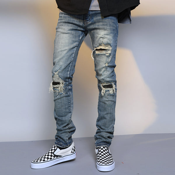 Mens Ripped Washed Blue Denim Jeans