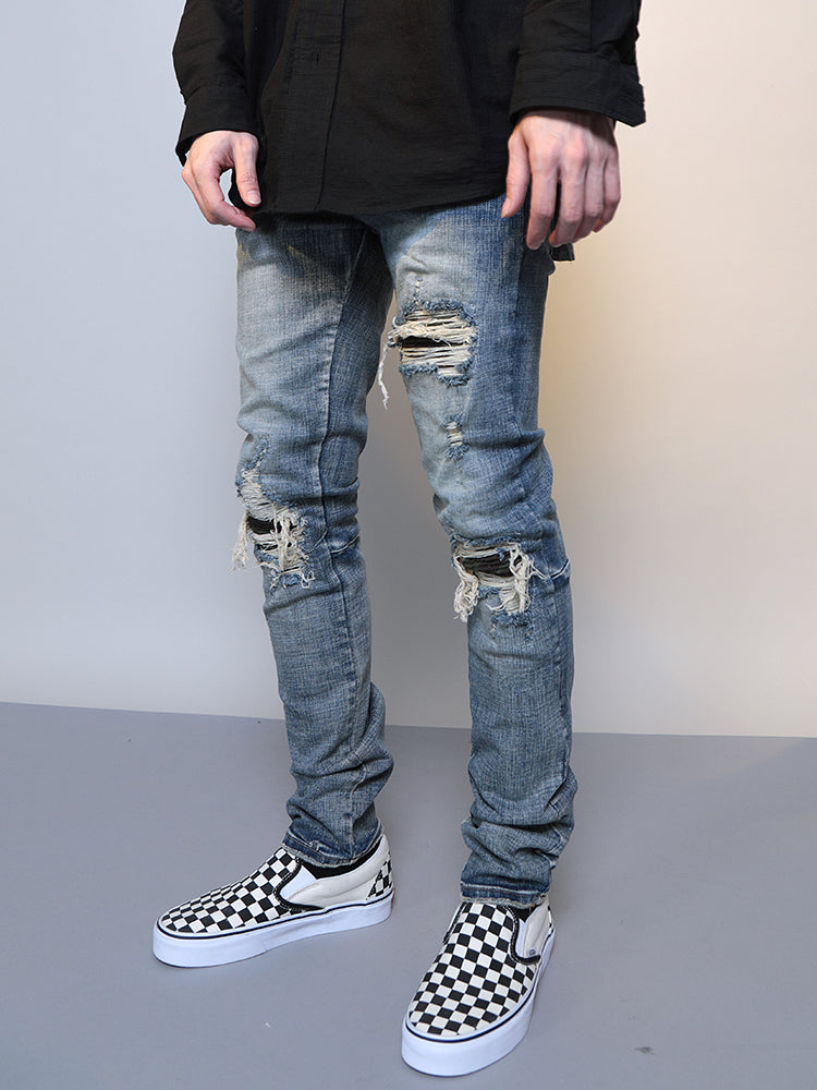 Mens Ripped Washed Blue Denim Jeans