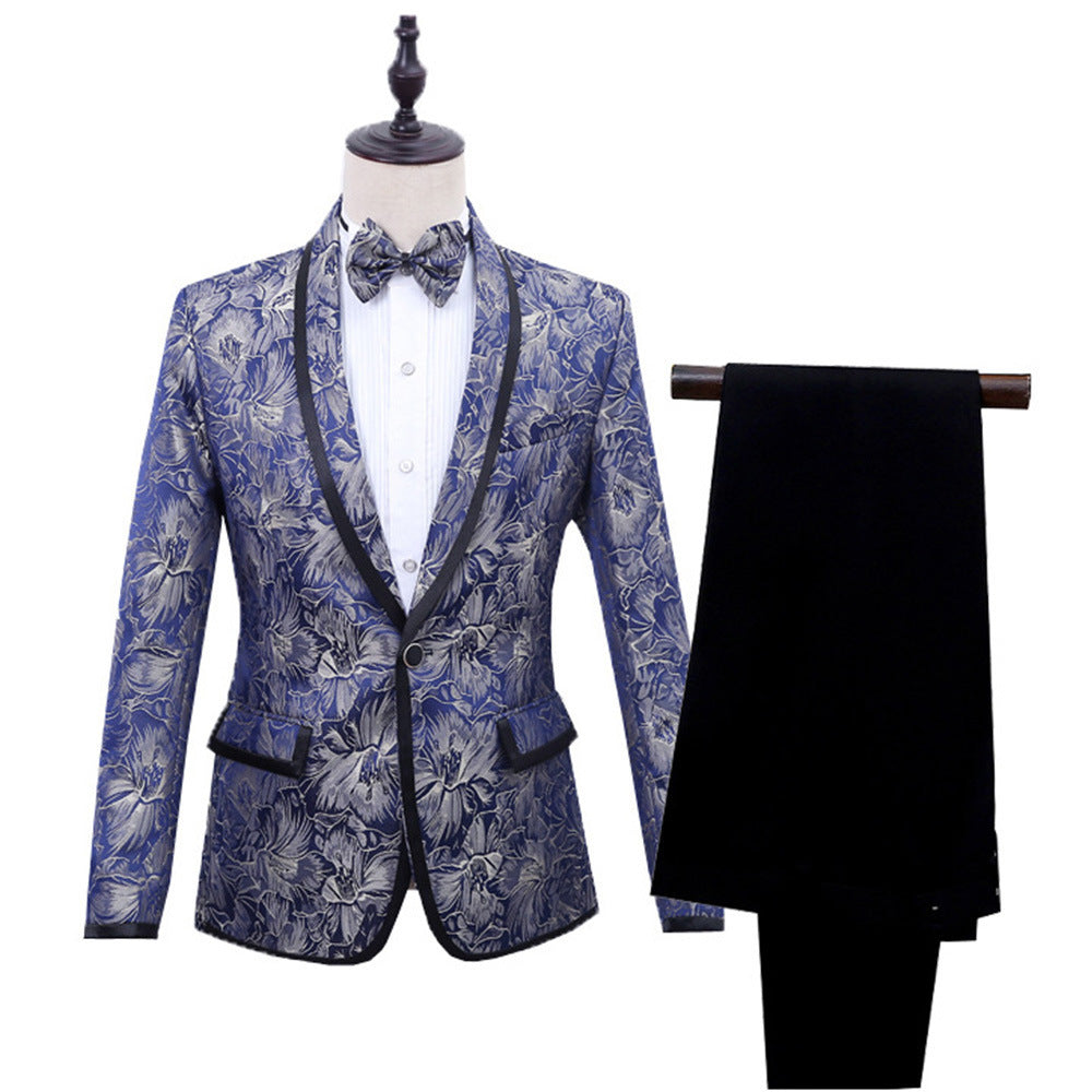 Blue Brocade Suit One Button Green Fruit Collar With Black Edge British Men's Two Piece Suit