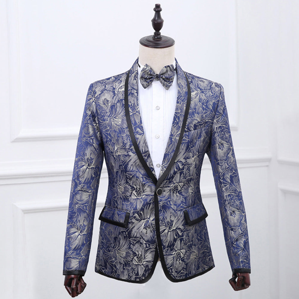 Blue Brocade Suit One Button Green Fruit Collar With Black Edge British Men's Two Piece Suit