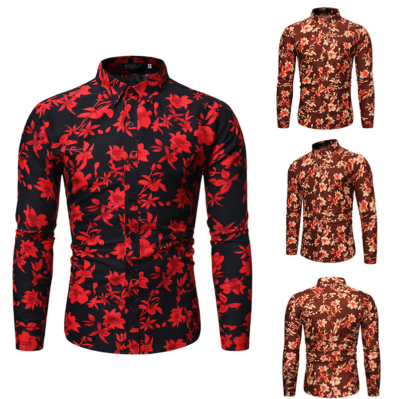 Men's Long Sleeve Printed Flower Shirt