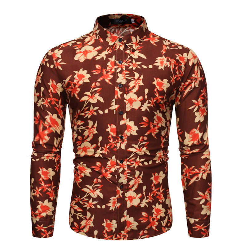 Men's Long Sleeve Printed Flower Shirt