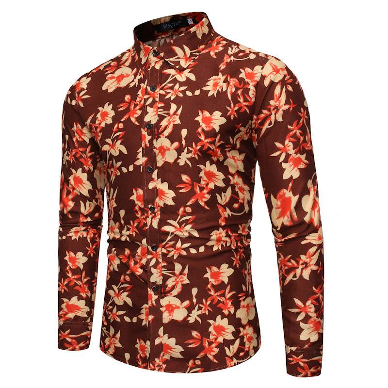 Men's Long Sleeve Printed Flower Shirt