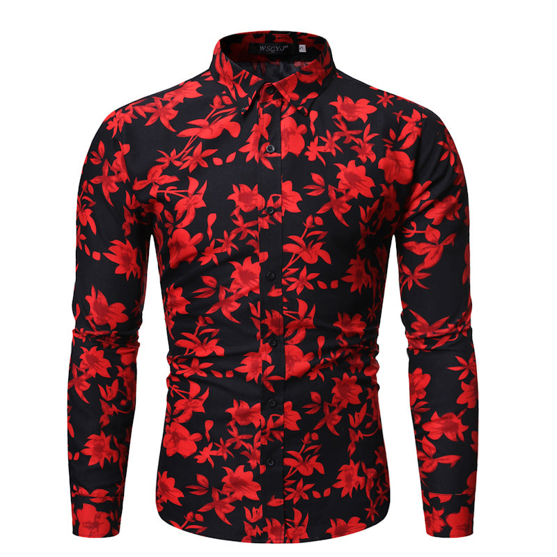 Men's Long Sleeve Printed Flower Shirt