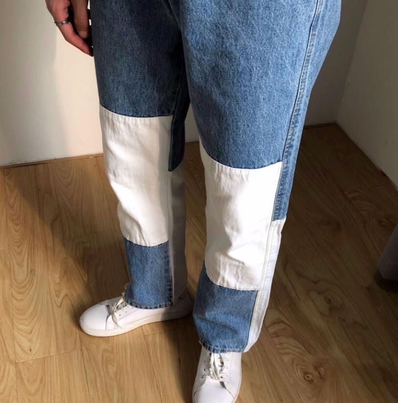 Men Wash Splice Casual Straight Jeans Trousers