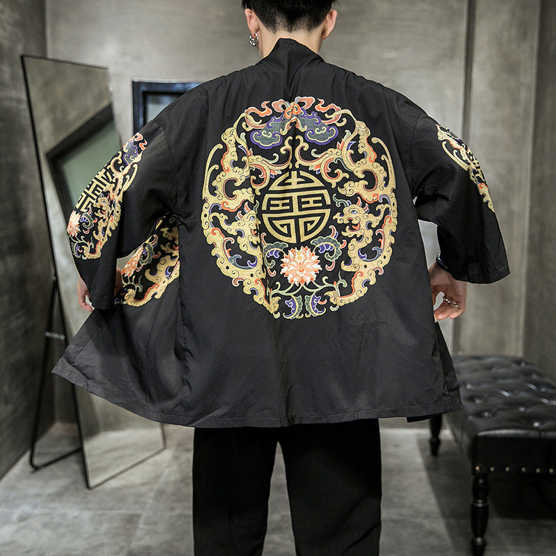 Red Carp Waves Kimono Cardigan Cloak Men