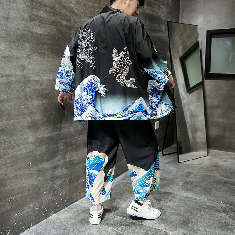 Red Carp Waves Kimono Cardigan Cloak Men