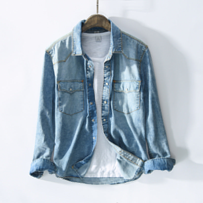 Washed Distressed Denim Shirt With Lapel Collar