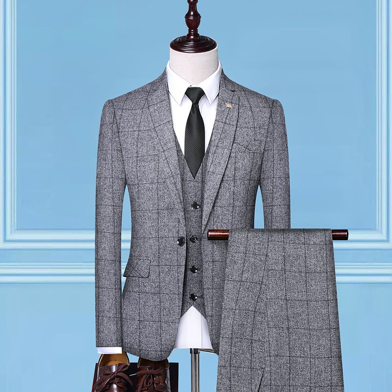 Men's Checkered Three-Piece Work Professional Suit