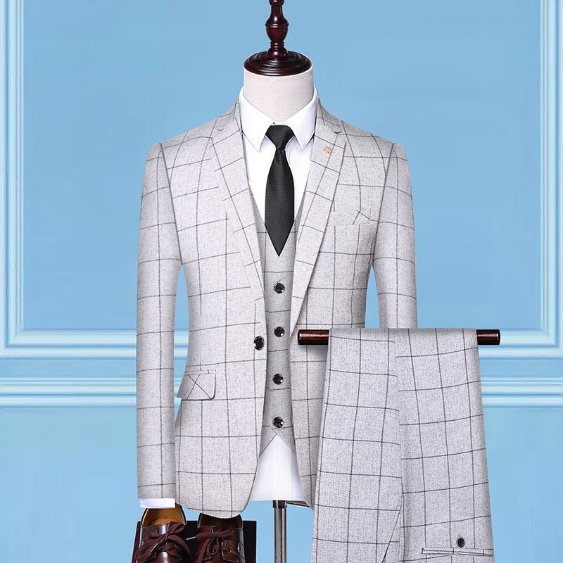 Men's Checkered Three-Piece Work Professional Suit