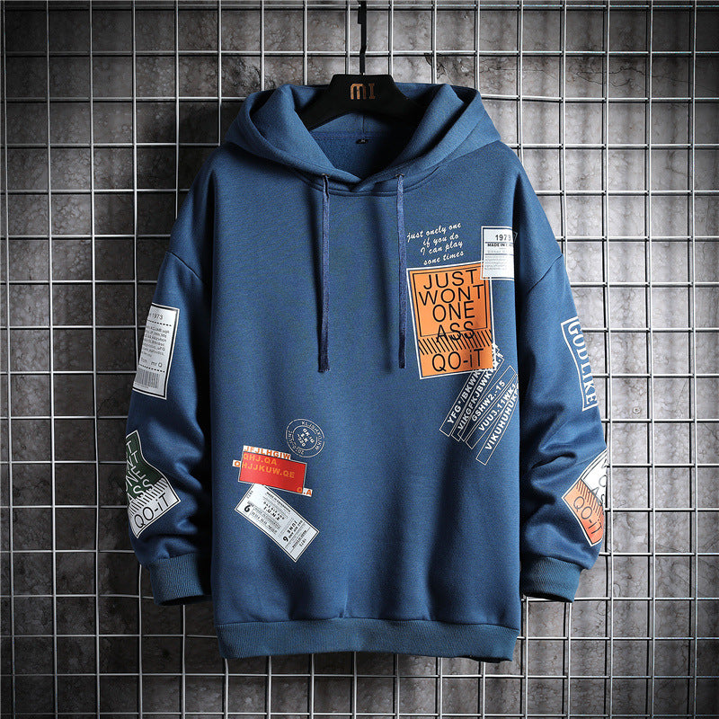 Men's Loose Printed Hooded Pullover Sweater