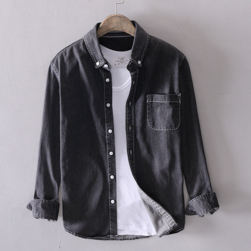 Washed Distressed Denim Shirt With Lapel Collar