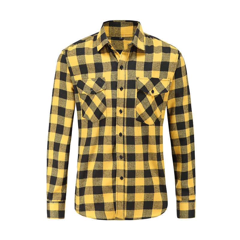 Flannel Double Pocket Men's Plaid Brushed Long Sleeved Shirt