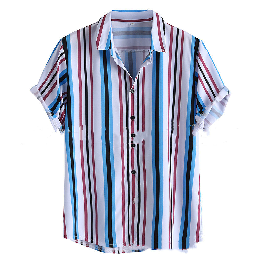 Men's Lapel Print Striped Short Sleeve Shirt