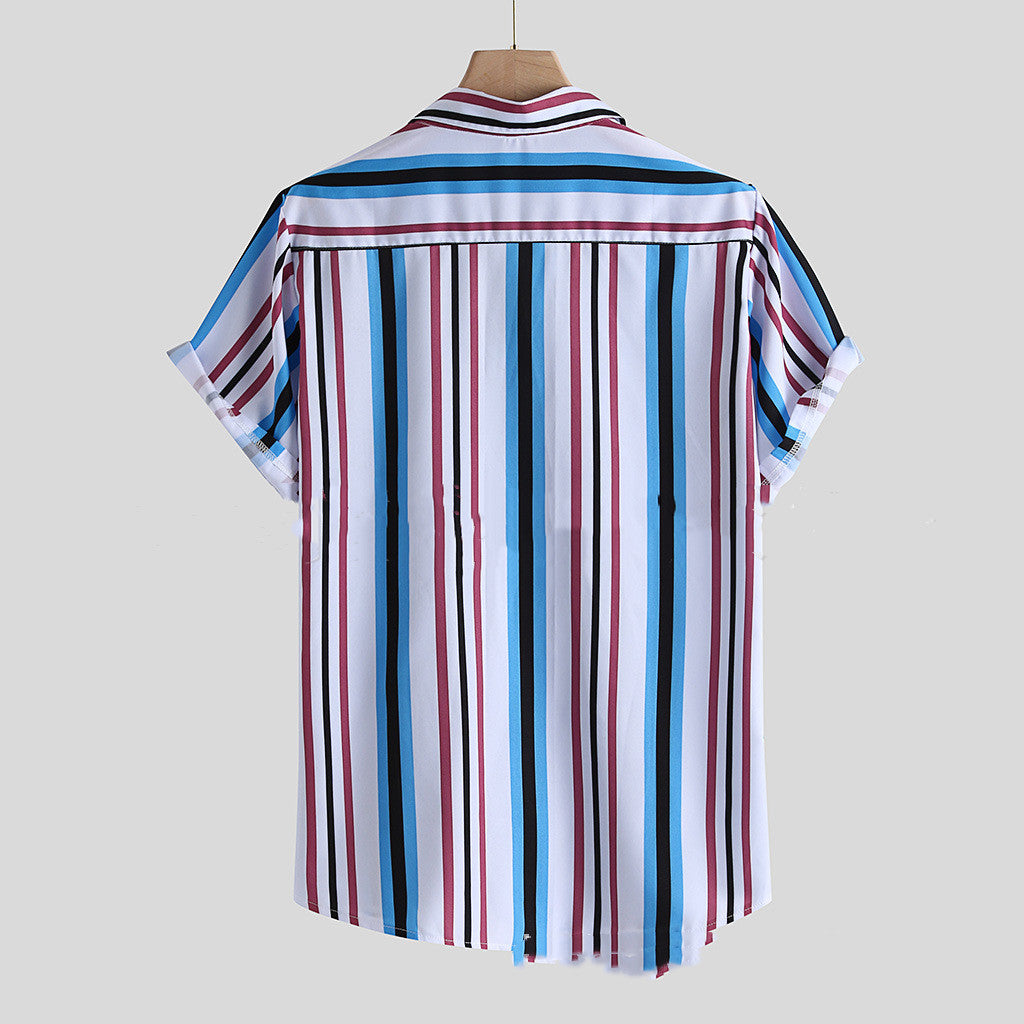 Men's Lapel Print Striped Short Sleeve Shirt