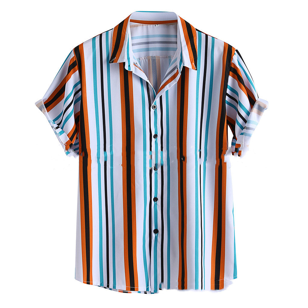 Men's Lapel Print Striped Short Sleeve Shirt