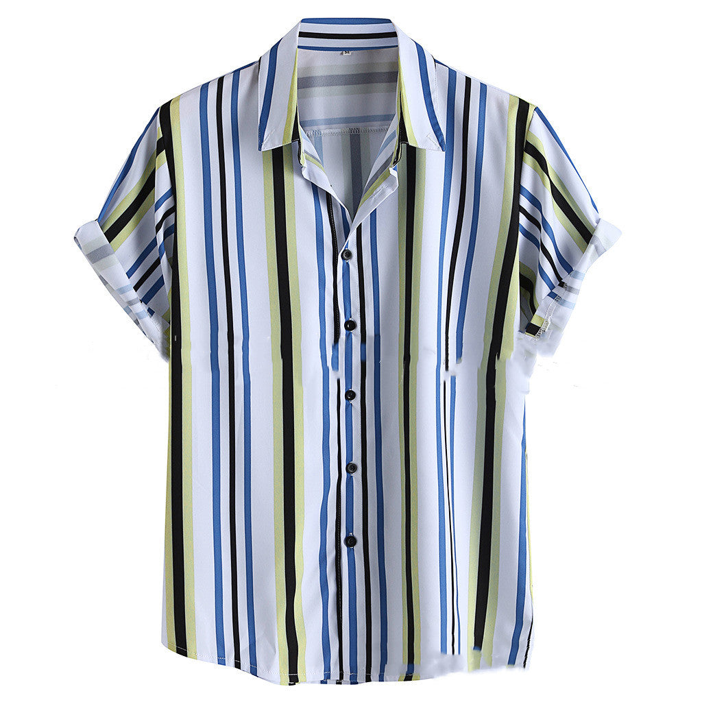 Men's Lapel Print Striped Short Sleeve Shirt