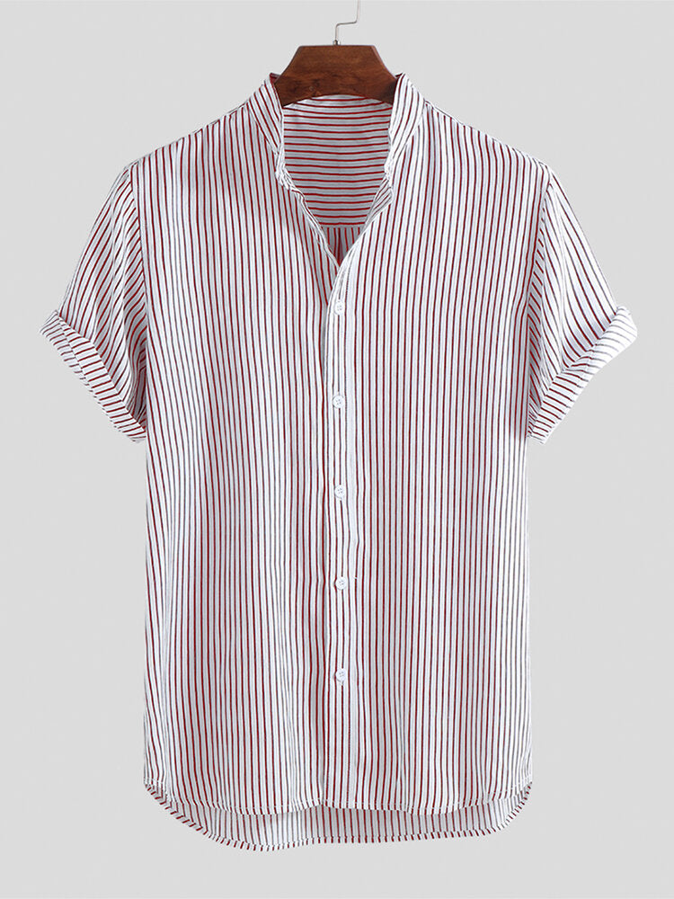 Men's Striped Lapel Short Sleeve