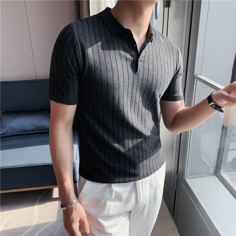 Lapel Tight-fitting Striped Stretch Short-sleeved T-shirt