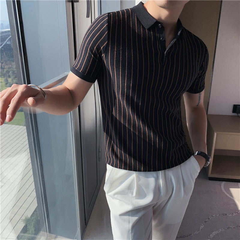 Lapel Tight-fitting Striped Stretch Short-sleeved T-shirt