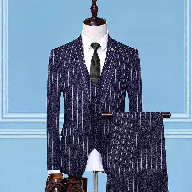 Men's Suit Three-Piece Wedding Banquet Suit Linen Stripe