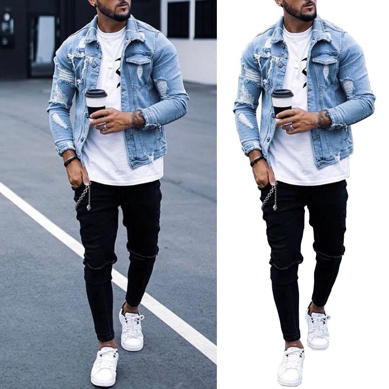 Lapel Men's Denim Ripped Irregular Washed Jacket