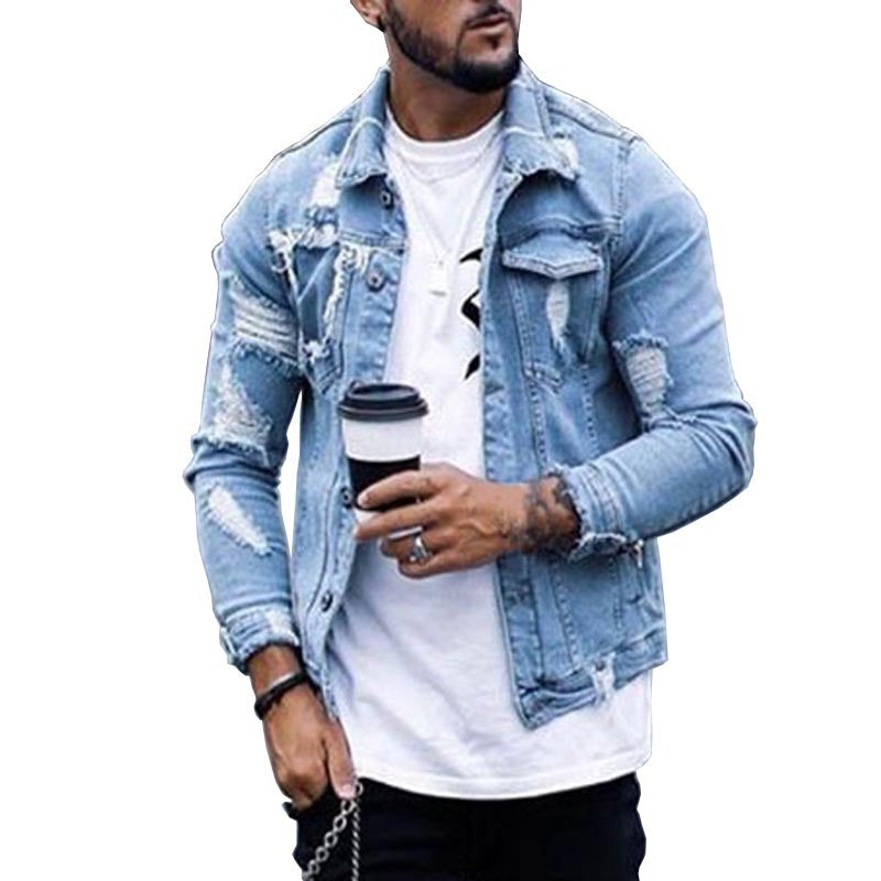 Lapel Men's Denim Ripped Irregular Washed Jacket