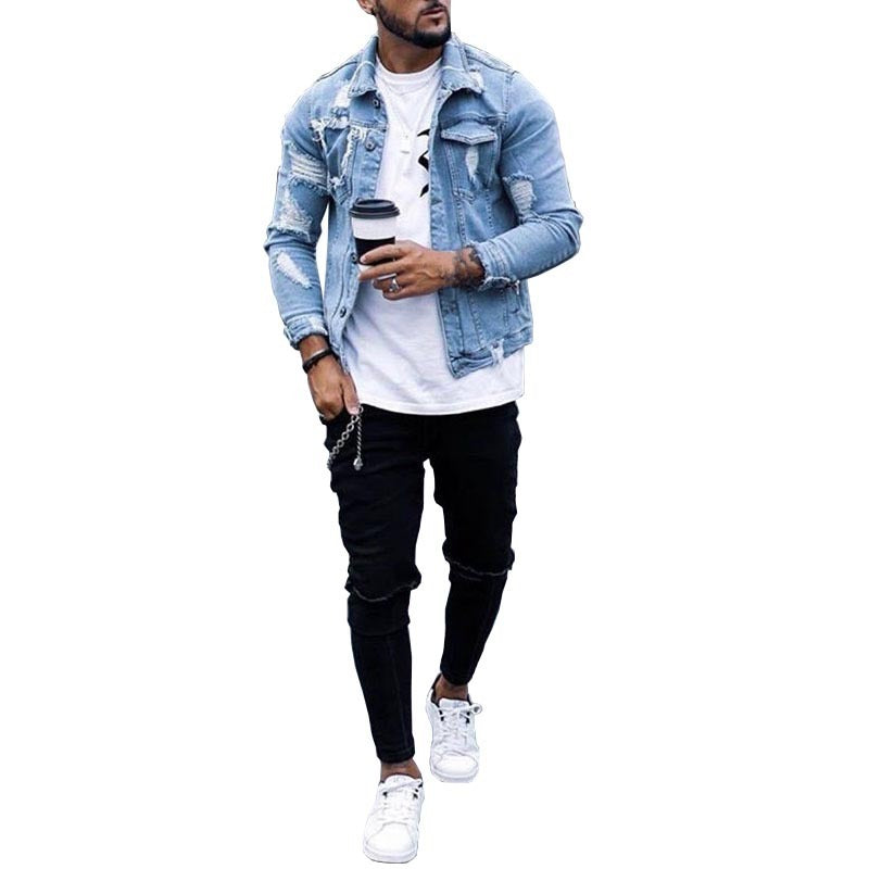 Lapel Men's Denim Ripped Irregular Washed Jacket