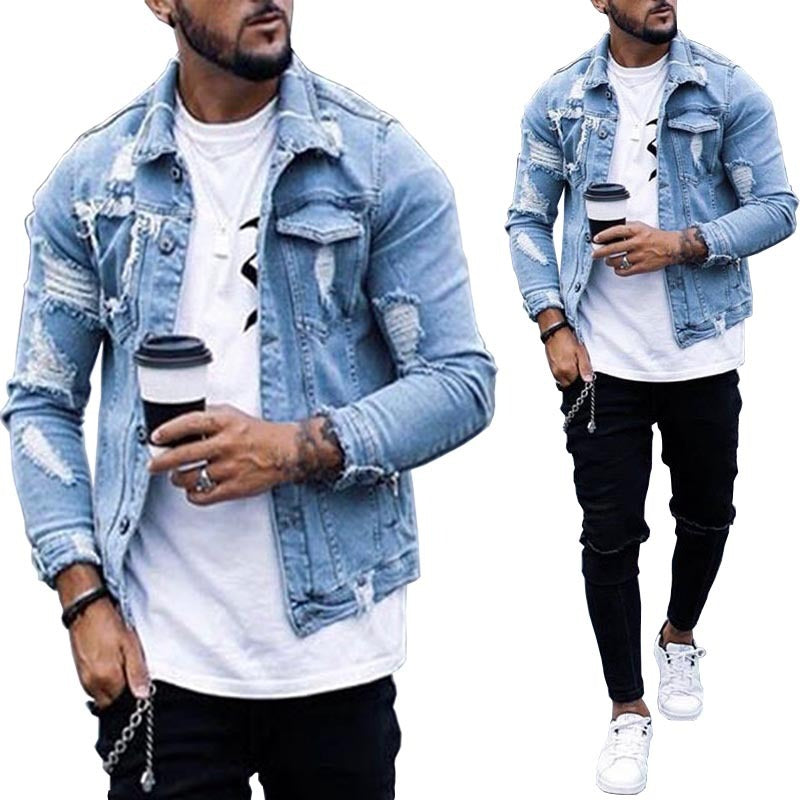 Lapel Men's Denim Ripped Irregular Washed Jacket