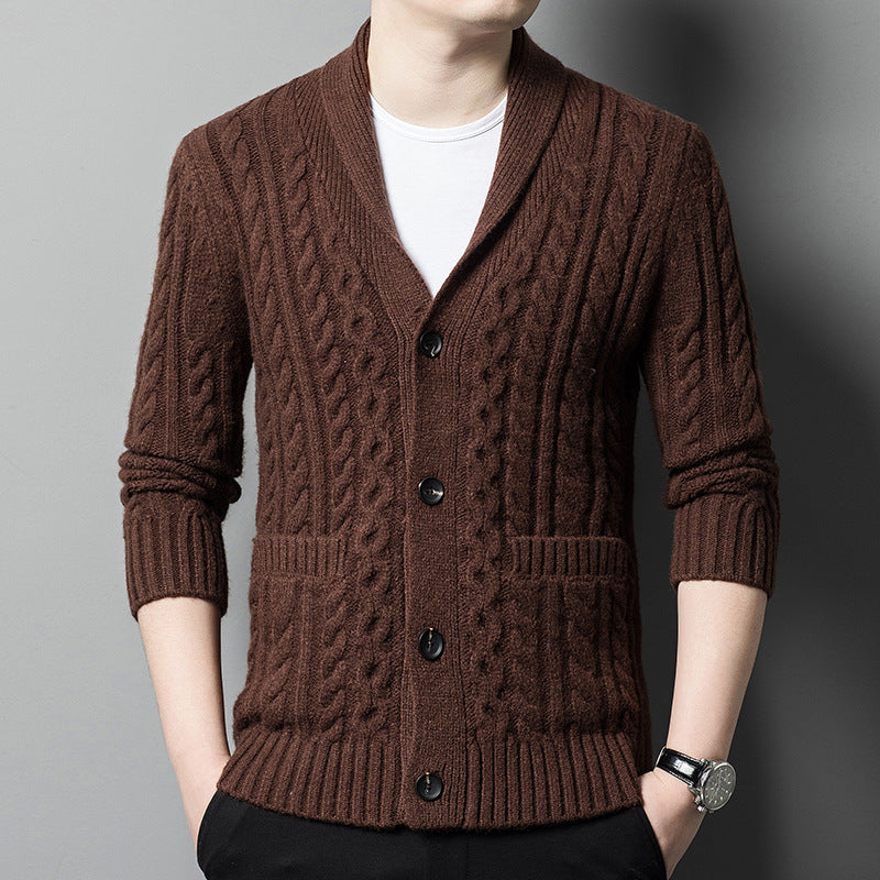 Cardigan lavorato a maglia da uomo, jacquard spesso, maglione monopetto