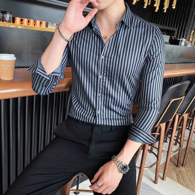 British Striped Slim-fit Square-neck Long-sleeved Shirt