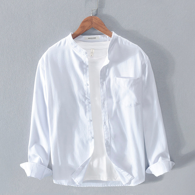 Stand-Up Collar Solid Color Simple Long-Sleeved Cotton Shirt