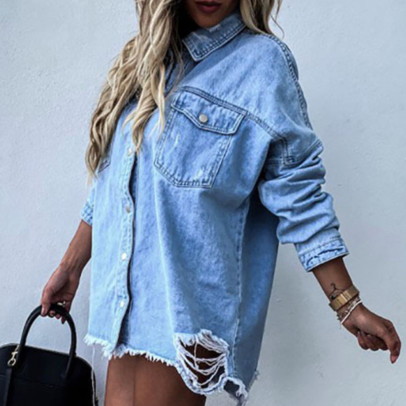 Long-Sleeved Women's Ripped Denim Shirt